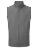 A soft shell vest in grey with a zip front and side pockets. It features a high collar and includes branding.