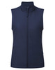 A navy windchecker vest with a high collar and front zipper, featuring side pockets and a logo.