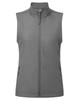 A women's sleeveless windchecker vest in grey with a zip front and side pockets. Features a logo on the design.
