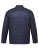 A navy padded jacket with a quilted design, featuring long sleeves and a standing collar. The back view is displayed.