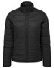 A black women's puffer jacket featuring a zip front and padded design, with a collar and no visible logos.