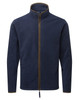 A navy blue polar fleece jacket featuring a zip front and contrasting trim. It has a logo on the chest.