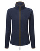 A women's navy polar fleece jacket with a zip front, high collar, and contrasting trim. Features pockets and a logo.
