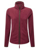 A women's polar fleece jacket in a rich burgundy colour with a zip front and high collar. The jacket features a logo.