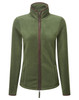 A women's polar fleece jacket in green with a zip front, high collar, and side pockets. It has a small logo.