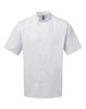 A white chef's jacket with short sleeves and a stand-up collar, featuring a logo on the chest.