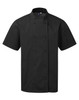 A black short-sleeve chef's jacket with a double-breasted design and a side pocket, featuring a logo.