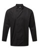 A black chef's jacket featuring a double-breasted design and long sleeves, with one sleeve pocket and a logo.