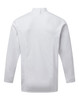 A white chef's jacket featuring a high collar and long sleeves, with a simple design and no visible logos.