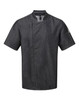 A short-sleeved chef's jacket in dark grey, featuring a side pocket and a logo on the sleeve.