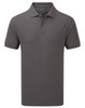 A grey polo shirt with a collared neckline and short sleeves, featuring a logo on the chest.
