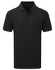 A black polo shirt with a collar and short sleeves, featuring a logo on the chest.