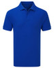 A blue polo shirt with a collar and short sleeves, featuring a logo on the chest.