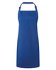 A blue antimicrobial bib apron with an adjustable neck strap and a plain design. It features a logo.