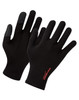 A pair of black gloves made from a smooth material with textured fingertips and a logo.
