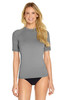 A grey adult short sleeve rashie with a fitted design, featuring a round neckline and a logo.