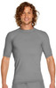 A grey short sleeve rashie featuring a fitted design, suitable for adult wear, with a logo on the chest.