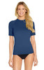 A blue adult short sleeve rashie with UPF 50+ protection, worn by a model. The shirt has a logo.