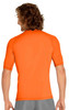 An adult short sleeve rashie in bright orange, featuring a snug fit and a logo on the back.