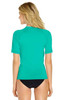 A turquoise adult short sleeve rashie with a UPF 50+ rating, featuring a logo on the back.