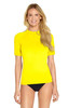A yellow adult short sleeve rashie with UPF 50+, featuring a fitted design and a logo detail.