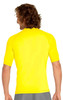 A yellow adult short sleeve rashie with UPF 50+, featuring a fitted design and a logo on the back.