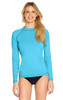 A long sleeve rashie in bright blue, designed for adults with UPF 50+ protection. It features a branding logo.
