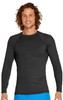 A man wearing a black long sleeve rashie with a fitted design and a logo on the chest.