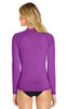 A long sleeve rashie in vibrant purple with a fitted design, featuring a logo on the back.