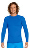 A long sleeve rashie in vibrant blue, featuring a crew neckline and a fitted silhouette, with branding present.