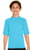 A boy smiles while wearing a bright blue short sleeve rashie with a high collar and raglan sleeves.