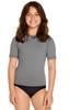 A grey youth short sleeve rashie with UPF 50+ protection, featuring a logo, paired with black swim bottoms.