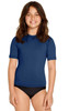 A young girl poses in a navy short sleeve rashie, featuring UPF 50+ protection and a minimalistic design.