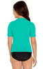 A youth short sleeve rashie in turquoise, featuring a fitted design and a black bottom. It has a logo on the back.