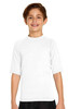 A young boy in a short sleeve white rashie, featuring a logo, designed for sun protection with UPF 50+.