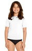 A white youth short sleeve rashie UPF 50+ featuring a crew neck, modelled by a smiling child.
