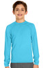 A long sleeve rashie in bright blue, featuring a logo, designed for youth sun protection with UPF 50+.