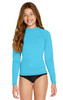 A youth long sleeve rashie in bright blue, featuring a mock neckline and long sleeves. The model is wearing black swim bottoms.