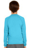 A long sleeve rashie in bright blue, featuring a logo, designed for youth and offering UPF 50+ protection.