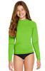 A green long sleeve rashie with UPF 50+ sun protection, worn by a girl standing against a white background.