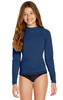 A navy long sleeve rashie with a fitted design and a high neck, suitable for sun protection. Features a logo.