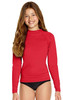 A red long sleeve rashie with UPF 50+ protection, featuring a fitted design and a logo.