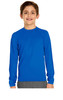 A boy wearing a long sleeve rashie in bright blue, featuring a logo on the garment.
