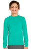 A youth long sleeve rashie in vibrant turquoise, featuring a round neckline and a logo on the chest.
