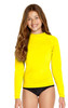 A bright yellow long sleeve rashie with a fitted design, featuring a logo on the chest, ideal for sun protection.
