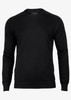 A black knitted jumper with a round neckline and long sleeves. It features a brand logo on the label.