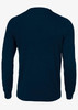 A navy blue knitted jumper featuring a simple back design and long sleeves. It has a branding logo on the fabric.