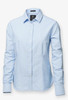 A light blue button-up shirt with long sleeves and a collar, featuring a branded tag.