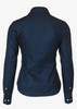 A navy button-up women's shirt featuring long sleeves and a back view design. It includes a logo on the fabric.