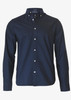 A navy blue button-up shirt with a modern fit, featuring a collar and button placket. Includes a logo.